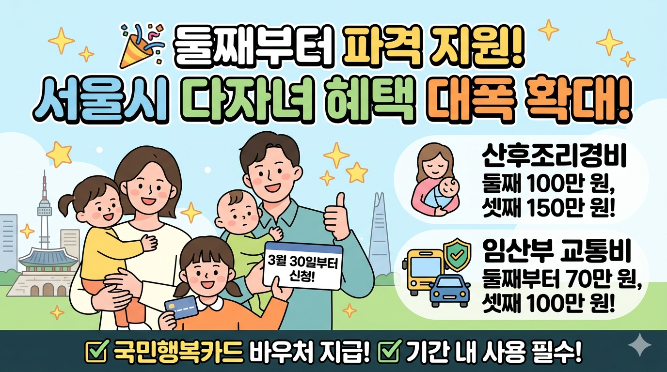2026 서울시 다자녀 지원 파격 확대: 둘째부터 산후조리·교통비 대폭 상향!